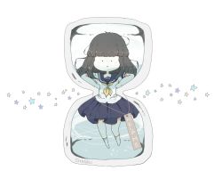 Rule 34 | 1girl, :o, artist name, bad id, bad pixiv id, black hair, blush, english text, hourglass, in container, indoors, long hair, looking at viewer, mini person, minigirl, necktie, original, partially submerged, school uniform, seraf, serafuku, shannu0506, simple background, skirt, solo, star (symbol), stuck, tag, text focus, transparent, water, white background, yellow necktie