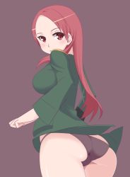 Rule 34 | 1girl, ass, blush, from behind, katuhata, long hair, military, military uniform, minna-dietlinde wilcke, no pants, red eyes, red hair, red panties, strike witches, thighs, underwear, world witches series