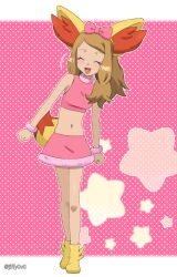 Rule 34 | 1girl, :d, blonde hair, blush, bracelet, breasts, closed eyes, creatures (company), eyelashes, full body, game freak, happy, highres, jewelry, jiffy0v0, long hair, medium breasts, navel, nintendo, open mouth, outline, pink background, pink shirt, pink skirt, pokemon, pokemon (anime), pokemon ears, pokemon tail, pokemon xy (anime), polka dot, polka dot background, serena (pokemon), shirt, shoes, skirt, sleeveless, sleeveless shirt, smile, solo, standing, star (symbol), tail, tongue, yellow footwear