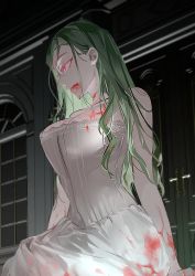 Rule 34 | 1girl, blood, blood on breasts, blood on clothes, blood on face, bosssama, breasts, cleavage, colored eyelashes, dark background, door, doorknob, earrings, from below, glint, green hair, highres, jewelry, korean commentary, large breasts, long hair, looking to the side, original, red eyes, sitting, solo, upper body, window