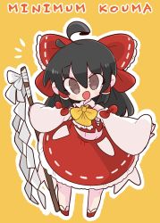 Rule 34 | 1girl, ascot, black hair, bow, bowtie, brown eyes, collar, detached sleeves, english text, gohei, hair bow, hair tubes, hakurei reimu, highres, long hair, midriff, navel, nontraditional miko, op na yarou, open mouth, red bow, red shirt, red skirt, ribbon-trimmed sleeves, ribbon trim, romaji text, shirt, sidelocks, simple background, skirt, skirt set, sleeveless, smile, solo, touhou, white collar, yellow ascot, yellow background