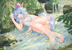 Rule 34 | 1girl, :d, artist name, atdan, bare legs, bare shoulders, blue eyes, blue hair, breasts, day, dress, feet, haiyi, hat, high heels, jellyfish, looking at viewer, lying, medium breasts, nature, on back, open mouth, outdoors, plant, river, sandals, shoe dangle, shoe soles, short hair, sleeveless, sleeveless dress, smile, solo, strapless, strapless dress, synthesizer v, thighs, toes, water, wet, white dress