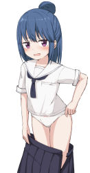 Rule 34 | 1girl, aged down, black neckwear, black skirt, blue hair, blush, clothes pull, hair bun, highres, looking at viewer, open clothes, open mouth, open skirt, panties, pleated skirt, purple eyes, sailor collar, shima rin, shirt, short sleeves, simple background, single hair bun, skirt, skirt pull, solo, takasuma hiro, underwear, wavy mouth, white background, white panties, white sailor collar, white shirt, yurucamp