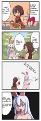 Rule 34 | 1boy, 2girls, absurdres, animal ears, blueskin no mori, brown hair, forest of blue skin, forest of the blue skin, grey eyes, hard-translated, highres, light purple hair, monster girl, multiple girls, pink eyes, rabbit ears, rabbit tail, red hair, third-party edit, yamagami tadashi