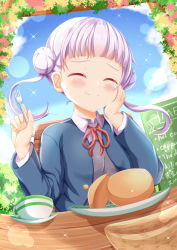 Rule 34 | 1girl, :t, ^ ^, arashi chisato, blazer, blue jacket, blush, bowl, closed eyes, closed mouth, collared shirt, commentary request, cup, day, double bun, dress, eating, facing viewer, fork, grey vest, hair bun, hand on own face, hands up, highres, holding, holding fork, jacket, long hair, love live!, love live! superstar!!, neck ribbon, open clothes, open jacket, pinafore dress, plate, purple hair, red ribbon, ribbon, saucer, school uniform, shirt, sleeveless, sleeveless dress, solo, twintails, upper body, vest, white shirt, xenon (for achieve)