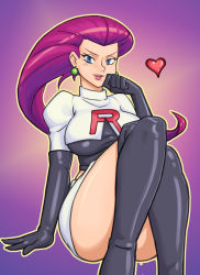 Rule 34 | 1girl, absurdres, arm support, black footwear, black gloves, black thighhighs, blue eyes, blush, boots, border, breasts, creatures (company), crop top, earrings, elbow gloves, female focus, game freak, gloves, hand up, heart, highres, jessie (pokemon), jewelry, knees up, large breasts, lips, long hair, looking at viewer, nauth, nintendo, outline, parted lips, pokemon, pokemon (anime), purple background, purple hair, shiny clothes, shiny skin, shirt, simple background, sitting, skirt, smile, solo, team rocket, teeth, thigh boots, thighhighs, white shirt, white skirt