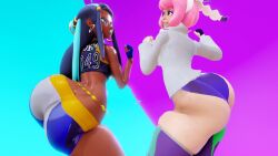 3d animated ass ass-to-ass ass_focus ass_shake black_hair bouncing_ass breasts creatures_(company) dark-skinned_female dark_skin fur-trimmed_jacket fur_trim game_freak hair_ribbon hairband highres honey_select huge_ass jacket klara_(pokemon) large_breasts looking_back medium_breasts mole mole_under_mouth nessa_(pokemon) nintendo pink_hair pokemon pokemon_swsh presenting prevence purple_eyes ribbon shiny_skin short_shorts shorts smile sweat tagme take_your_pick thong uncensored video