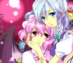 Rule 34 | 2girls, bat wings, blue eyes, braid, chigo, female focus, hand on another&#039;s cheek, hand on another&#039;s face, hat, hug, izayoi sakuya, light purple hair, multiple girls, red eyes, remilia scarlet, short hair, silver hair, smile, touhou, twin braids, wings