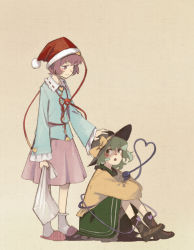 Rule 34 | 2girls, bag, black footwear, black headwear, blouse, blue shirt, boots, bow, brown background, closed mouth, collared shirt, commentary, crossed arms, double horizontal stripe, frilled skirt, frills, green eyes, green hair, green skirt, hand on another&#039;s head, hat, hat bow, heart, heart of string, holding, holding bag, hugging own legs, komeiji koishi, komeiji satori, long sleeves, looking at another, looking back, medium skirt, multiple girls, open mouth, pink background, pink skirt, purple eyes, purple hair, red headwear, sandals, santa hat, shiratama (hockey), shirt, short hair, siblings, sisters, sitting, skirt, smile, socks, standing, sun hat, third eye, touhou, traditional media, white legwear, yellow bow, yellow shirt