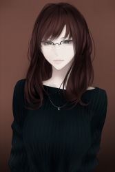 Rule 34 | 1girl, brown background, brown hair, closed mouth, erise, glasses, grey eyes, highres, jewelry, long hair, looking at viewer, necklace, original, pink lips, ribbed sweater, semi-rimless eyewear, slit pupils, solo, sweater