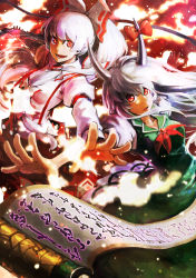 Rule 34 | 2girls, absurdres, bow, ex-keine, female focus, fujiwara no mokou, green hair, hair bow, highres, holysnow, horns, kamishirasawa keine, long hair, looking at viewer, multiple girls, open mouth, outstretched arm, outstretched hand, red eyes, scroll, silver hair, smile, suspenders, touhou, very long hair