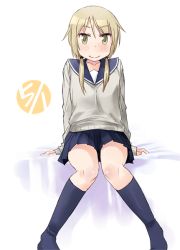 Rule 34 | 1girl, arm support, black skirt, black socks, blonde hair, blue sailor collar, blue skirt, blue socks, blush, closed mouth, commentary request, dated, grey shirt, ichii yui, katatsuka kouji, kneehighs, long hair, long sleeves, looking at viewer, low twintails, pleated skirt, sailor collar, school uniform, school uniform (yuyushiki), serafuku, shirt, skirt, smile, socks, solo, twintails, yellow eyes, yuyushiki