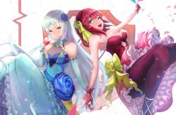 Rule 34 | 2girls, :d, alcohol, angel beats!, bad proportions, bare shoulders, blue dress, blue flower, blue gloves, bow, braid, breasts, champagne flute, cleavage, cup, dress, drinking glass, elbow gloves, flower, ganmenkurei (ani), gloves, green bow, hair bow, hair flower, hair ornament, holding hands, highres, key (company), looking at viewer, medium breasts, medium hair, multiple girls, open mouth, pantyhose, red dress, red gloves, red hair, red legwear, sitting, sleeveless, sleeveless dress, smile, tenshi (angel beats!), white hair, wine, wine glass, nakamura yuri