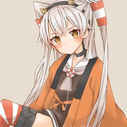 Rule 34 | 1girl, amatsukaze (kancolle), black hairband, brown dress, cocoperino, dress, garter straps, grey background, hair tubes, hairband, happi, head tilt, horns, japanese clothes, kantai collection, long hair, looking at viewer, oni horns, sailor dress, short dress, silver hair, simple background, smokestack hair ornament, solo, striped clothes, striped thighhighs, thighhighs, two side up