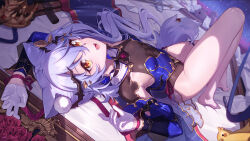 Rule 34 | 1girl, animal ear fluff, animal ears, breasts, dango remi, dutch angle, elza (vtuber), gloves, grey hair, half gloves, highres, indie virtual youtuber, leotard, lying, on back, open mouth, slit pupils, small breasts, solo, tail, virtual youtuber, wolf ears, wolf girl, wolf tail, yellow eyes