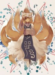 Rule 34 | 1girl, animal hat, beige background, blonde hair, commentary request, dress, fox shadow puppet, fox tail, frilled sleeves, frills, full body, grin, hand up, hat, highres, kerok (joniko1110), looking at viewer, mob cap, multiple tails, short hair, sleeves past wrists, smile, socks, solo, tabard, tail, touhou, white dress, white hat, white socks, wide sleeves, yakumo ran, yellow eyes