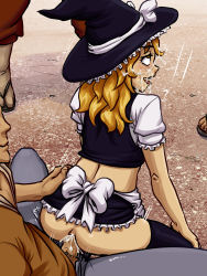 Rule 34 | 1boy, 1girl, ahegao, anal, apron, bad id, bad pixiv id, black thighhighs, blonde hair, blush, bottomless, clothed sex, cum, cum in ass, facial, frills, girl on top, hat, hetero, highres, kirisame marisa, long hair, looking back, male pubic hair, midriff, penis, petite, pubic hair, public indecency, ragathol, rolling eyes, sex, solo focus, straddling, thighhighs, tongue, tongue out, touhou, uncensored, upright straddle, witch hat, yellow eyes