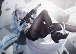 Rule 34 | 1girl, abstract background, ahoge, animal ear fluff, animal ears, belt, black gloves, black pantyhose, black shirt, black shorts, blush, boots, breasts, chestnut mouth, coat, commentary, cowboy shot, crop top, debris, floating, fox ears, fox tail, gloves, grey background, groin, gun, hair between eyes, hair ornament, hairclip, headgear, high heel boots, high heels, highres, holding, holding gun, holding weapon, hood, hooded coat, lens flare, long sleeves, long tail, looking at viewer, medium hair, midriff, mirufuaa, navel, open clothes, open coat, original, pantyhose, shiny clothes, shirt, short shorts, shorts, sidelocks, small breasts, solo, stomach, tail, thighband pantyhose, thighs, v-shaped eyebrows, weapon, white background, white belt, white coat, white hair