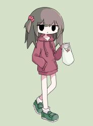Rule 34 | 1girl, bag, black eyes, brown hair, closed mouth, cube hair ornament, drawstring, full body, green background, green footwear, hair ornament, hand in pocket, hand up, heel up, highres, holding, holding bag, hood, hood down, hoodie, jitome, kanikan, long hair, long sleeves, looking at viewer, one side up, original, red hoodie, shoes, shopping bag, simple background, socks, solo, standing, white socks