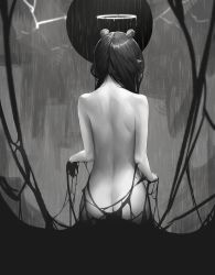 Rule 34 | 1girl, absurdres, ass, back, back focus, bare shoulders, butt crack, from behind, greyscale, halo, highres, hololive, hololive english, lightning, long hair, monochrome, ninomae ina&#039;nis, nude, pointy ears, rain, solo, spicyyrum, virtual youtuber