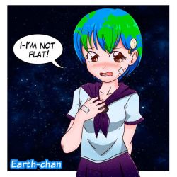 Rule 34 | 1girl, artist request, bandaid, blush, brown eyes, earth-chan, english text, hair ornament, hairpin, hand on own chest, multicolored hair, original, personification, school uniform, short hair, solo, space, star (symbol), starry background, wavy mouth