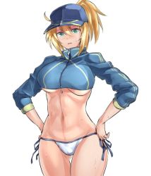 Rule 34 | 1girl, artoria pendragon (fate), baseball cap, bikini, blonde hair, blue hat, blush, breasts, commentary request, cowboy shot, depo (typebaby505), fate/grand order, fate (series), frown, gluteal fold, groin, hair through headwear, hands on own hips, hat, long sleeves, looking at viewer, medium breasts, medium hair, mysterious heroine x (fate), mysterious heroine xx (fate), navel, parted lips, shrug (clothing), side-tie bikini bottom, simple background, solo, standing, sweatdrop, swimsuit, thigh gap, thighs, underboob, wet, white background, white bikini, zipper pull tab