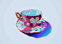 Rule 34 | absurdres, art study, commentary, cup, english commentary, grey background, highres, meyoco, no humans, original, saucer, shadow, simple background, still life, teacup