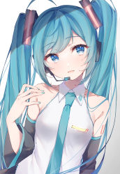 Rule 34 | 1girl, absurdres, ahoge, aqua eyes, aqua hair, aqua nails, aqua necktie, bare shoulders, breasts, collarbone, collared shirt, detached sleeves, drawing kanon, gradient background, grey background, grey shirt, hands up, hatsune miku, head tilt, headphones, headset, highres, lace, lace-trimmed shirt, lace trim, long hair, looking at viewer, nail polish, necktie, open mouth, shirt, sidelocks, simple background, sleeveless, sleeveless shirt, smile, swept bangs, twintails, upper body, very long hair, vocaloid, white background