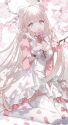 Rule 34 | 1girl, animal ears, apron, bandaid, blonde hair, blue eyes, bow, branch, cherry blossoms, dress, gwayo, highres, holding, long hair, long sleeves, original, petals, pink dress, pointy ears, sitting, solo, thighhighs, very long hair, white apron, white thighhighs