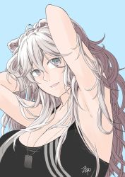 Rule 34 | 1girl, absurdres, animal ears, armpits, arms behind head, black sports bra, blue background, breasts, cleavage, collarbone, dog tags, ear piercing, fang, grey eyes, grey hair, hair between eyes, highres, hololive, large breasts, lion ears, lion girl, long hair, looking at viewer, messy hair, parted lips, piercing, shishiro botan, shishiro botan (button-down), sidelocks, signature, simple background, smile, solo, sports bra, virtual youtuber, zero (muftisaili)