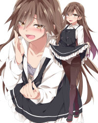Rule 34 | 1girl, :d, arashio (kancolle), black dress, black footwear, blush, bra, brown eyes, brown hair, brown pantyhose, cameltoe, clothes lift, clothes pull, collared shirt, downblouse, dress, dress lift, flat chest, frilled dress, frills, full body, grey bra, hair between eyes, highres, kantai collection, lifted by self, long hair, long sleeves, looking at viewer, mary janes, mtu (orewamuzituda), multiple views, open mouth, panties, panties under pantyhose, pantyhose, pinafore dress, pulled by self, remodel (kantai collection), shirt, shirt pull, shoes, simple background, sleeveless dress, smile, standing, thighband pantyhose, underwear, very long hair, white background