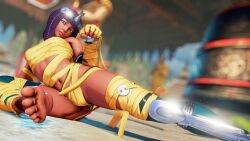 Rule 34 | 1girl, 3d, absurdres, alternate costume, arms up, ass, bandages, bare shoulders, barefoot, breasts, capcom, curvy, egyptian, feet, flexible, highres, lips, long hair, looking at viewer, lying, medium breasts, menat, naked bandage, naked ribbon, navel, nipples, official alternate costume, purple hair, ribbon, ryona, screencap, shiny skin, short hair, solo, standing, standing on one leg, street fighter, street fighter v, thick thighs, thighs, third-party edit, toes, wide hips