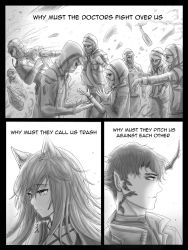 Rule 34 | 1boy, 1girl, animal ears, arknights, bottle, cat ears, comic, commentary, doctor (arknights), english commentary, english text, fighting, flamebringer (arknights), greyscale, highres, horns, melantha (arknights), monochrome, multiple others, multiple persona, nart gnol, punching