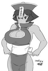 Rule 34 | 1girl, bare arms, bare shoulders, blush stickers, breasts, cleavage, cleavage cutout, clothing cutout, commentary request, dated, greyscale, hat, large breasts, lei lei, monochrome, ofuda, pelvic curtain, sash, short hair, signature, simple background, solo, standing, tsukudani (coke-buta), vampire (game), white background