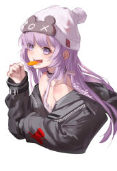 Rule 34 | bare shoulders, beanie, belt collar, black jacket, breasts, candy, cleavage, collar, collarbone, cropped torso, dress, eating, fang, food, from side, halter dress, halterneck, hat, hella (path to nowhere), highres, holding, holding candy, holding food, holding lollipop, jacket, light blush, lollipop, looking at viewer, looking to the side, off shoulder, open mouth, path to nowhere, pom pom (clothes), pom pom beanie, purple eyes, purple hair, safety pin, shoulder blush, signature, simple background, small breasts, swirl lollipop, upper body, white background, white dress, white hat, yukikitsune kuutachibana