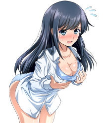 Rule 34 | 1girl, alternate breast size, asashio (kancolle), ass, black hair, blue bra, blue eyes, blue panties, bra, breast hold, breasts, cleavage, embarrassed, kantai collection, long hair, long sleeves, looking at viewer, medium breasts, panties, shirt, solo, sweatdrop, underwear, white background, white shirt, zanntetu