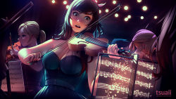Rule 34 | 1boy, 3girls, artist name, black hair, blonde hair, blue dress, breasts, brown eyes, brown hair, cleavage, commentary, concert, dress, earrings, holding, holding instrument, holding violin, indoors, instrument, jewelry, large breasts, long hair, mea koenig, multiple girls, open mouth, original, patreon username, ponytail, profile, round teeth, sheet music, solo focus, strapless, strapless dress, teeth, tsuaii, violin, watermark, web address