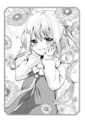 Rule 34 | 1girl, blush, braid, commentary request, dress, flower, grin, hair between eyes, hair ribbon, hands on own face, hands up, kuune rin, long hair, long sleeves, looking at viewer, necktie, original, petals, puffy long sleeves, puffy sleeves, ribbon, sleeves past wrists, smile, solo, very long hair, wing hair ornament