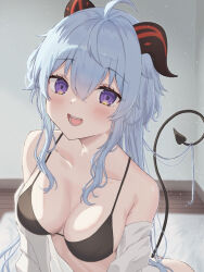 Rule 34 | 1girl, ahoge, alternate costume, bare shoulders, bikini, bikini top only, black bikini, black tail, blue hair, blush, breasts, collarbone, commentary request, demon tail, fangs, ganyu (genshin impact), genshin impact, goat horns, gradient eyes, higuma29, horns, indoors, large breasts, long hair, looking at viewer, multicolored eyes, open clothes, open mouth, open shirt, purple eyes, shirt, sidelocks, smile, solo, string bikini, swimsuit, tail, tail raised, teeth, upper body, white shirt, wooden floor
