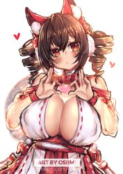 Rule 34 | 1girl, animal ear fluff, animal ears, black hair, blade &amp; soul, blush, bow, bowtie, breasts, commentary, drill hair, english commentary, fox ears, gon (blade &amp; soul), head tilt, heart, heart hands, huge breasts, japanese clothes, long sleeves, looking at viewer, original, osiimi, patreon username, red bow, red bowtie, simple background, solo, twin drills, white background