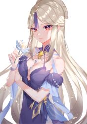 Rule 34 | 1girl, bare shoulders, blue dress, bracelet, breasts, cleavage, closed mouth, commentary request, cowboy shot, dress, ear piercing, flower, genshin impact, hair ornament, harushio, highres, holding, holding flower, jewelry, long hair, looking at viewer, medium breasts, ningguang (genshin impact), ningguang (orchid&#039;s evening gown) (genshin impact), official alternate costume, piercing, red eyes, smile, solo, tassel, tassel hair ornament, very long hair, white flower
