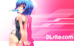 Rule 34 | 1girl, arms behind back, ass, blue eyes, blue hair, dlsite.com, elle sweet, food, highres, mouth hold, pink background, popsicle, refeia, short hair, solo, wallpaper