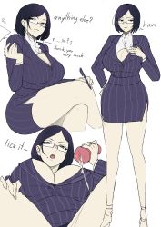 Rule 34 | 1girl, absurdres, artificial vagina, blazer, blouse, breasts, cleavage, cleavage cutout, closed mouth, clothing cutout, collar, crossed legs, cum, english text, formal, frilled collar, frills, glasses, grace (puzenketsu), hand on own hip, high heels, highres, holding, holding pen, jacket, large breasts, looking down, mature female, miniskirt, mole, mole under mouth, multiple views, narrow waist, open mouth, original, parted bangs, pen, pinstripe pattern, pinstripe suit, puzenketsu, sex toy, shirt, short hair, side slit, sitting, skirt, skirt suit, spread legs, standing, striped, striped suit, suit, thighs, underboob, white shirt