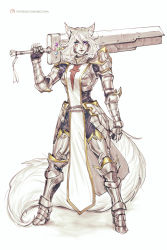 Rule 34 | 1girl, animal ear fluff, animal ears, armor, armored boots, warrior of light (ff14), bbc-chan, boots, borrowed character, borrowed weapon, breastplate, breasts, buster sword, commentary, commission, english commentary, faulds, final fantasy, final fantasy vii, final fantasy xiv, fox ears, fox tail, full armor, full body, gauntlets, greaves, green eyes, heterochromia, highres, holding, holding sword, holding weapon, huge weapon, long tail, materia, medium breasts, medium hair, mizuki (devin stone), original, over shoulder, paladin, pauldrons, plate armor, purple eyes, shoulder armor, solo, sword, tabard, tail, weapon, weapon over shoulder, white background, white hair, white tail