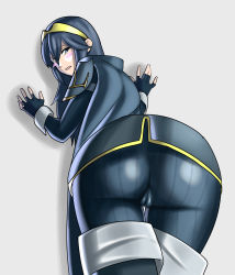 Rule 34 | 1girl, against wall, ass, blue eyes, blue hair, blush, boots, cameltoe, cape, fingerless gloves, fire emblem, fire emblem awakening, from behind, gloves, highres, huge ass, kio (fh0421), leaning, leaning forward, long hair, looking at viewer, looking back, lucina (fire emblem), matching hair/eyes, nintendo, pants, parted lips, skin tight, solo, tiara, tight clothes, tight pants