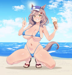 1girl animal_ears beach bikini blue_bikini blue_hat blue_sky breasts brown_hair cabbie_hat cloud day flip-flops food full_body grin hat highleg highleg_bikini horizon horse_ears horse_girl horse_tail ice_cream large_breasts matikane_tannhauser_(umamusume) multicolored_hair navel ocean outdoors sandals silberspoon sky smile soft_serve solo squatting streaked_hair swimsuit tail umamusume v white_hair yellow_eyes