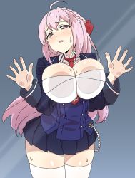 Rule 34 | 1girl, against fourth wall, against glass, ahoge, azur lane, blush, braid, breast press, breasts, breasts on glass, brown eyes, cleavage, hair ribbon, jacket, large breasts, leaning forward, long hair, looking at viewer, necktie, open mouth, parted lips, pink hair, pleated skirt, quincy (azur lane), red necktie, ribbon, skindentation, skirt, solo, takahashi (k2ta7), thighhighs, uniform, white thighhighs