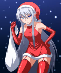 Rule 34 | 1girl, bare shoulders, blue eyes, blush, detached sleeves, duel monster, garter straps, hat, long hair, looking at viewer, pataneet, pointy ears, red thighhighs, ruin, queen of oblivion, sack, santa costume, santa hat, silver hair, snow, snowing, solo, thighhighs, very long hair, yu-gi-oh!, yu-gi-oh! duel monsters