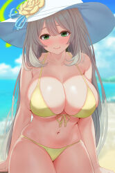Rule 34 | 1girl, absurdres, bare arms, bare legs, bare shoulders, beach, bikini, blue archive, blue ribbon, blurry, blurry background, blush, breasts, cleavage, closed mouth, cowboy shot, day, flower, green eyes, hair between eyes, halo, hat, hat flower, hat ribbon, highres, large breasts, light brown hair, long hair, looking at viewer, navel, ni tamago sando, nonomi (blue archive), nonomi (swimsuit) (blue archive), ocean, official alternate costume, outdoors, revision, ribbon, smile, solo, swimsuit, white hat, yellow bikini, yellow flower