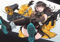Rule 34 | 1girl, bare shoulders, black footwear, black gloves, black skirt, black thighhighs, blush, breasts, brown hair, colt 9mm smg, commentary, english commentary, gas mask, girls&#039; frontline, gloves, grey sweater, gun, holding, holding gun, holding weapon, id card, jacket, knee pads, large breasts, long hair, mask, multicolored hair, one eye closed, open mouth, persocon93, ribbed sweater, ro635 (girls&#039; frontline), ro635 (mod3) (girls&#039; frontline), shoe soles, skirt, sleeveless, sleeveless sweater, solo, streaked hair, submachine gun, sweater, thighhighs, two-tone hair, wavy mouth, weapon, white hair, yellow eyes, yellow jacket
